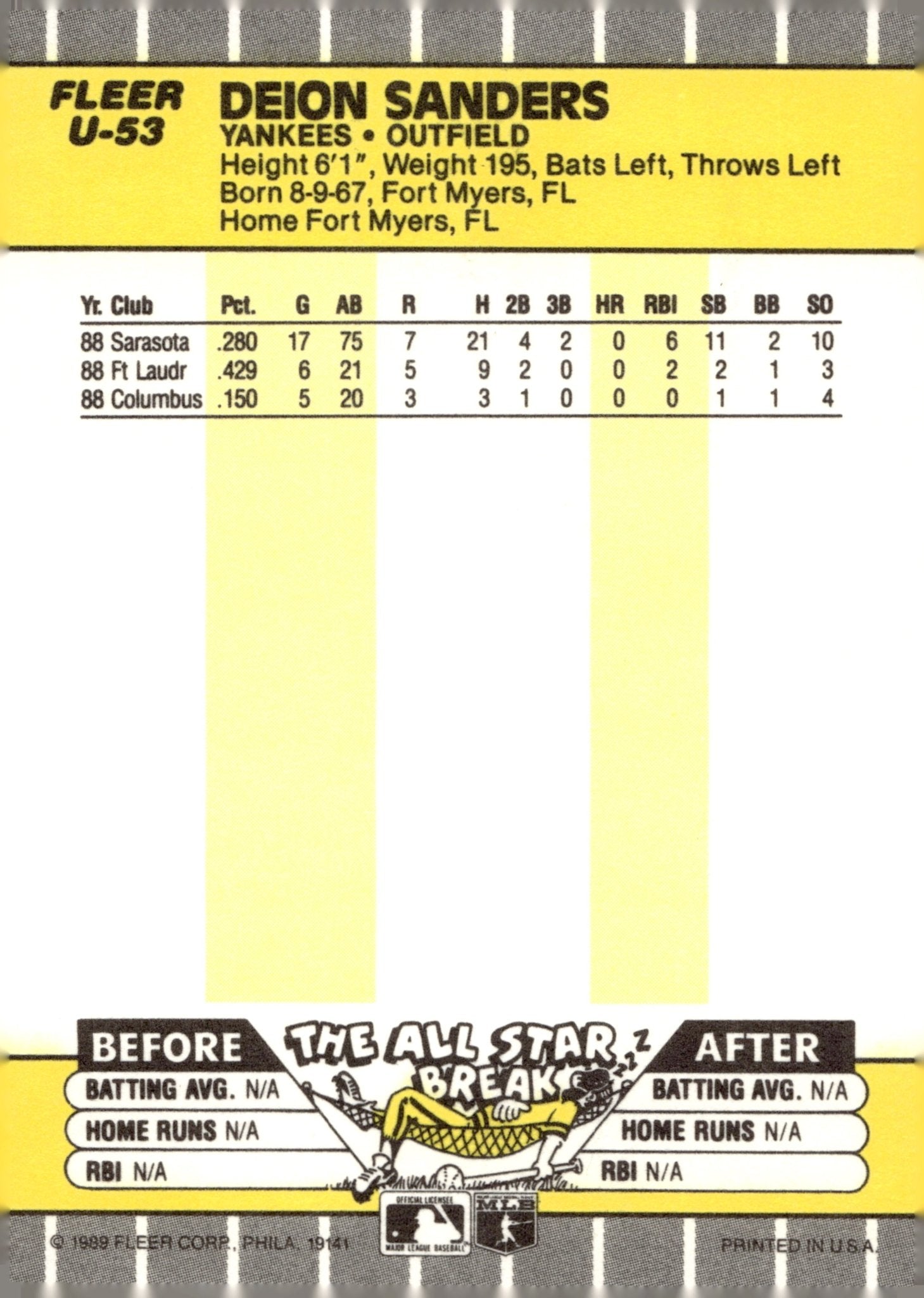 Deion Sanders 1989 Fleer Update RC U - 53 1 - Collector Store LLC