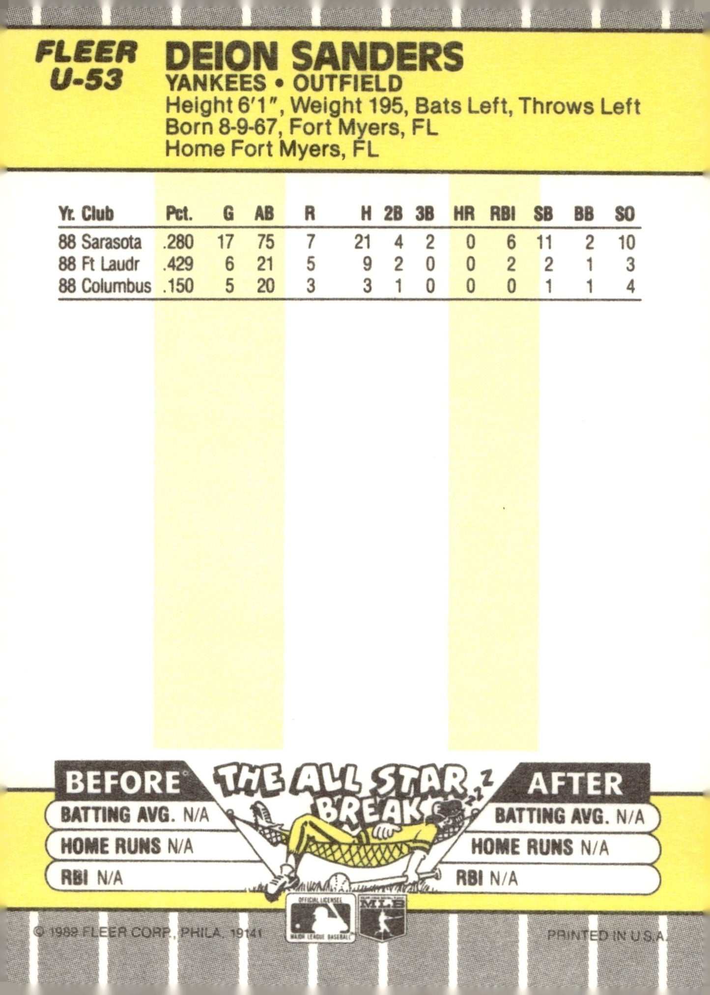 Deion Sanders 1989 Fleer Update RC U - 53 2 - Collector Store LLC