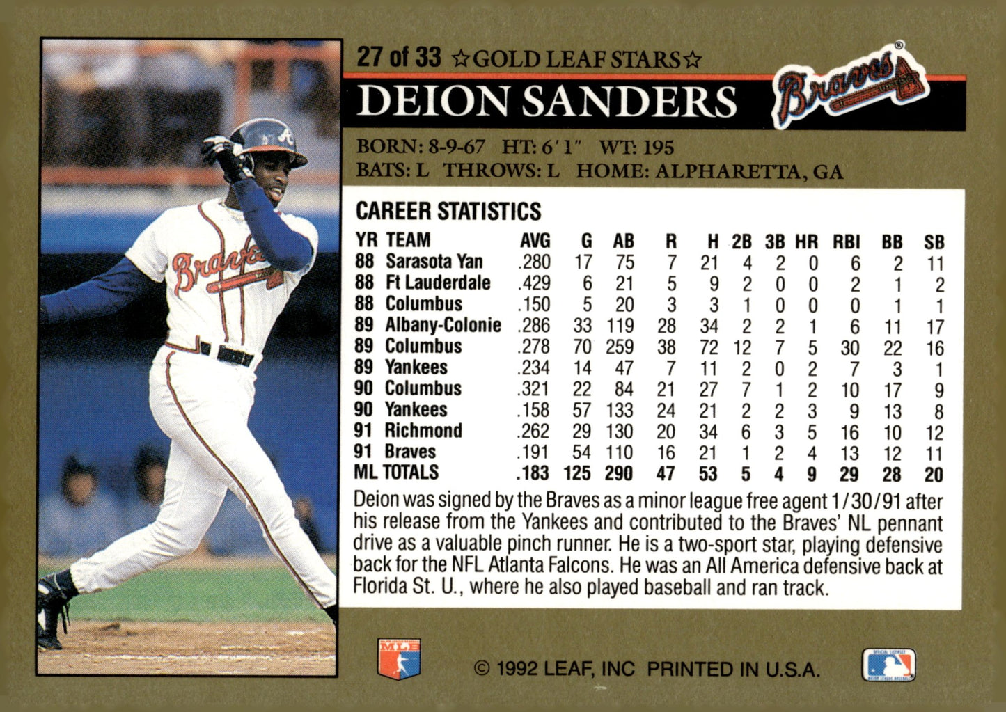 Deion Sanders 1992 Leaf 27 - Collector Store LLC