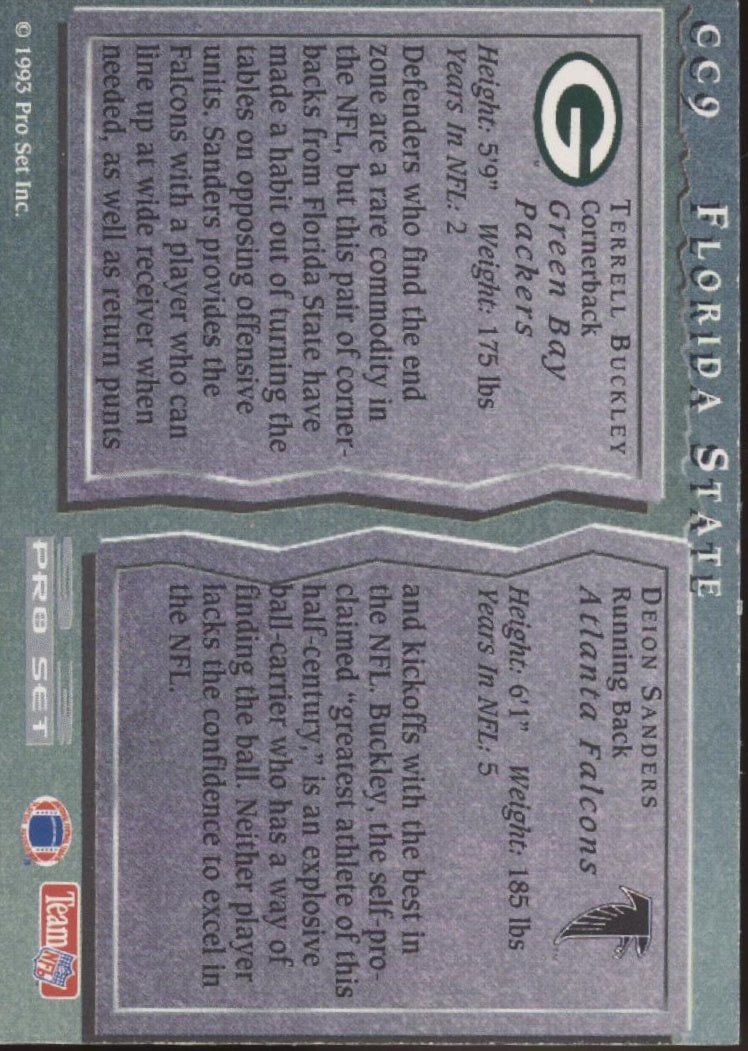 Deion Sanders / Terrell Buckley 1993 Pro Set College Connections #CC9 - Collector Store LLC