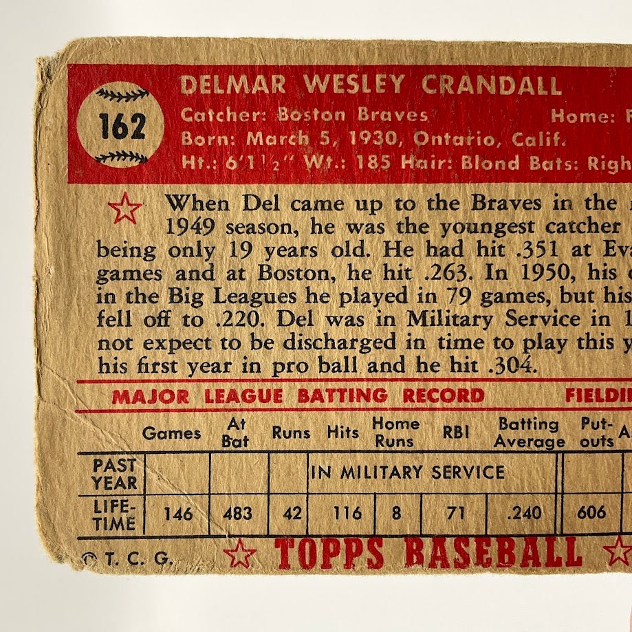 Del Crandall 1952 Topps #162 Boston Braves PR - Collector Store LLC