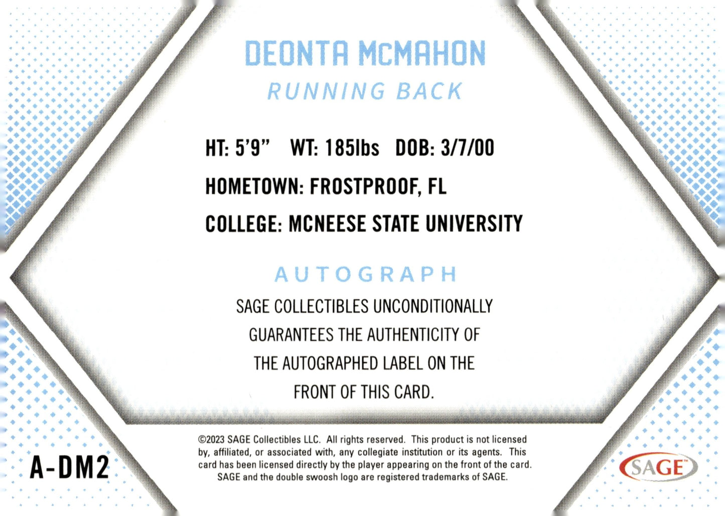 Deonta McMahon 2023 Sage Red Auto #A - DM2 - Collector Store LLC