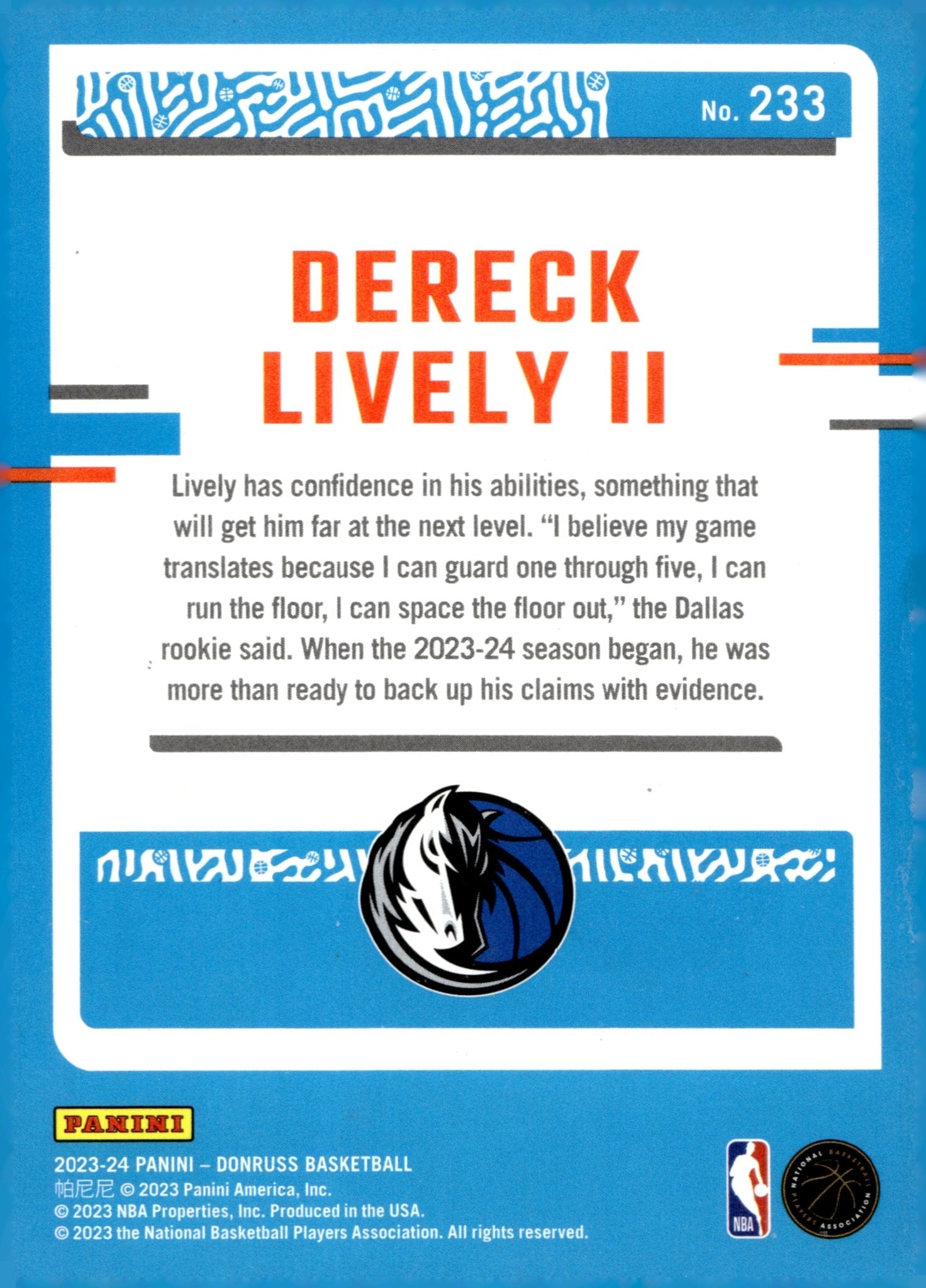 Dereck Lively II 2023 - 24 Panini Donruss Rated Rookie Green Laser Holo #233 - Collector Store LLC