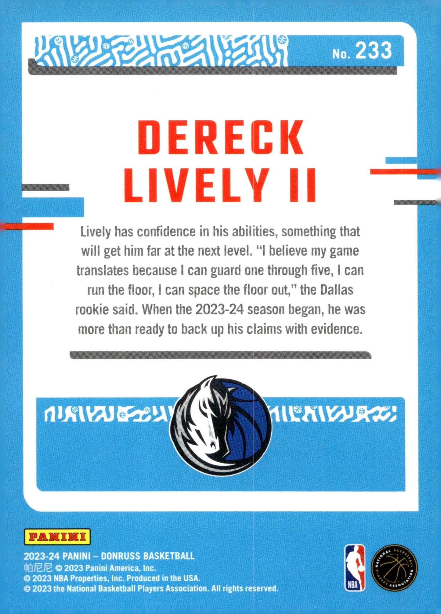 Dereck Lively II 2023 - 24 Panini Donruss Rated Rookie RC #233 - Collector Store LLC