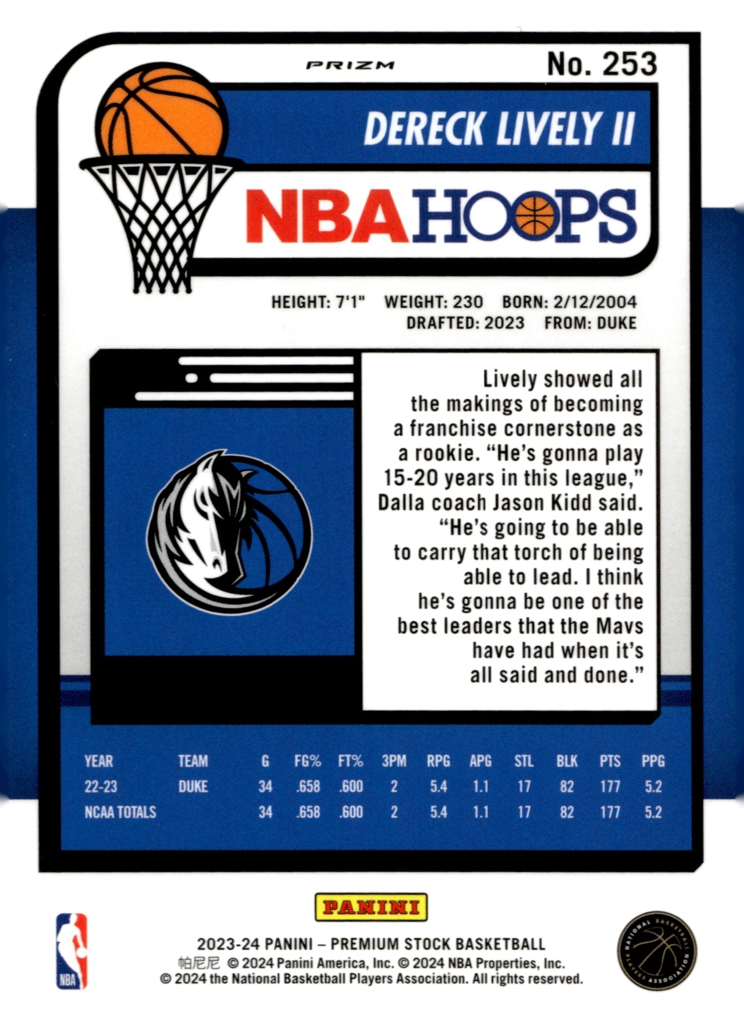 Dereck Lively II 2023 - 24 Panini Premium Stock Ice Prizm RC #253 - Collector Store LLC