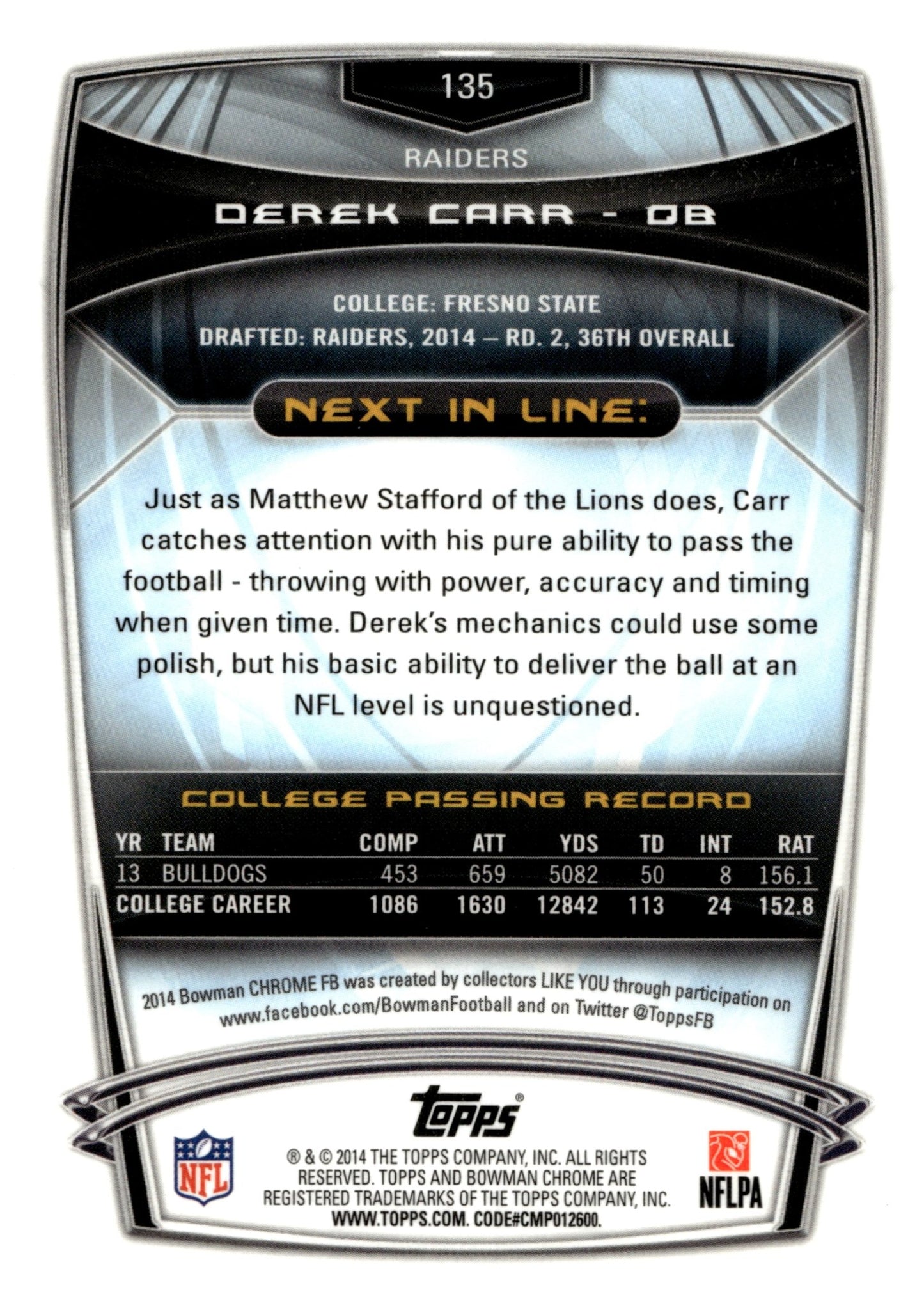 Derek Carr 2014 Bowman Chrome RC #135 - Collector Store LLC