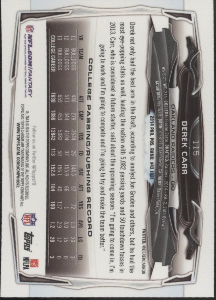 Derek Carr 2014 Topps Chrome RC #115 - Collector Store LLC