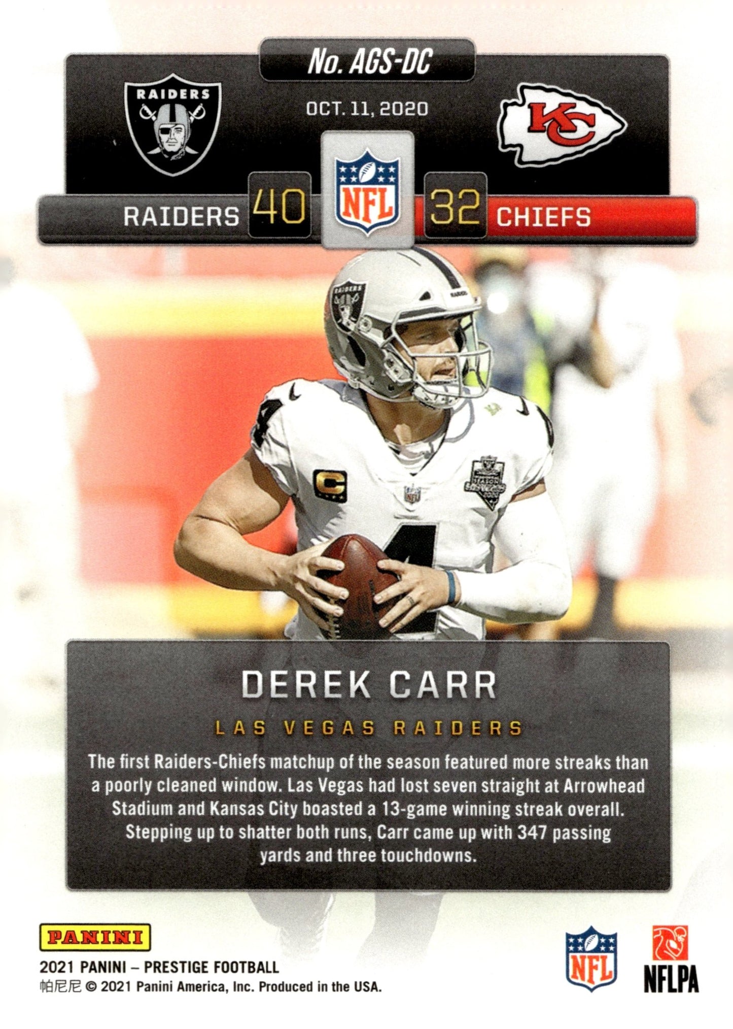 Derek Carr 2021 Panini Prestige Any Given Sunday #AGS - DC #1 - Collector Store LLC