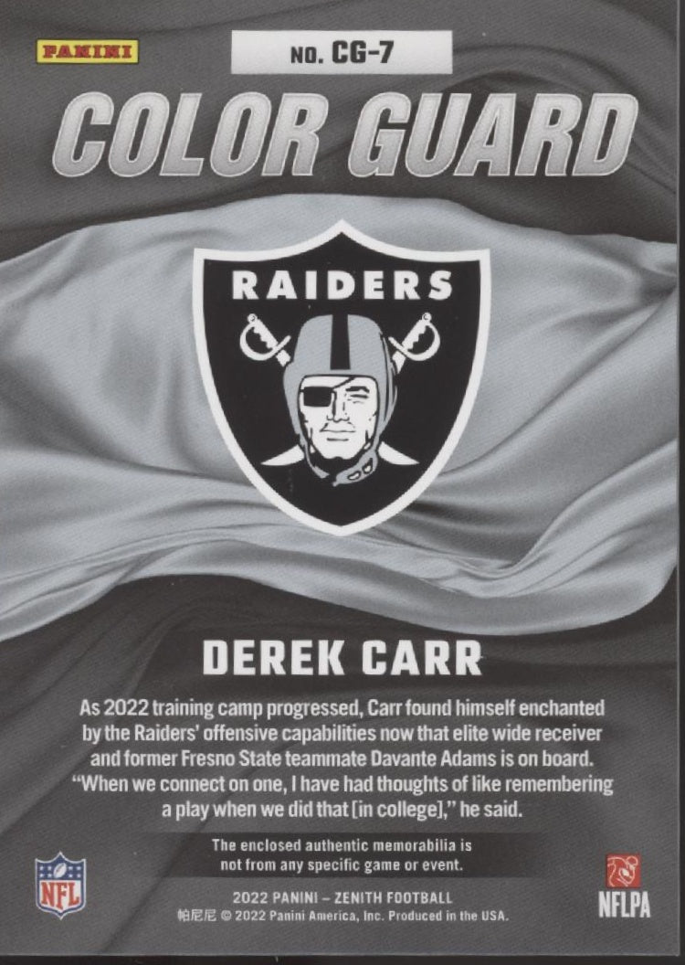 Derek Carr 2022 Panini Zenith Color Guard Swatch #CG - 7 - Collector Store LLC
