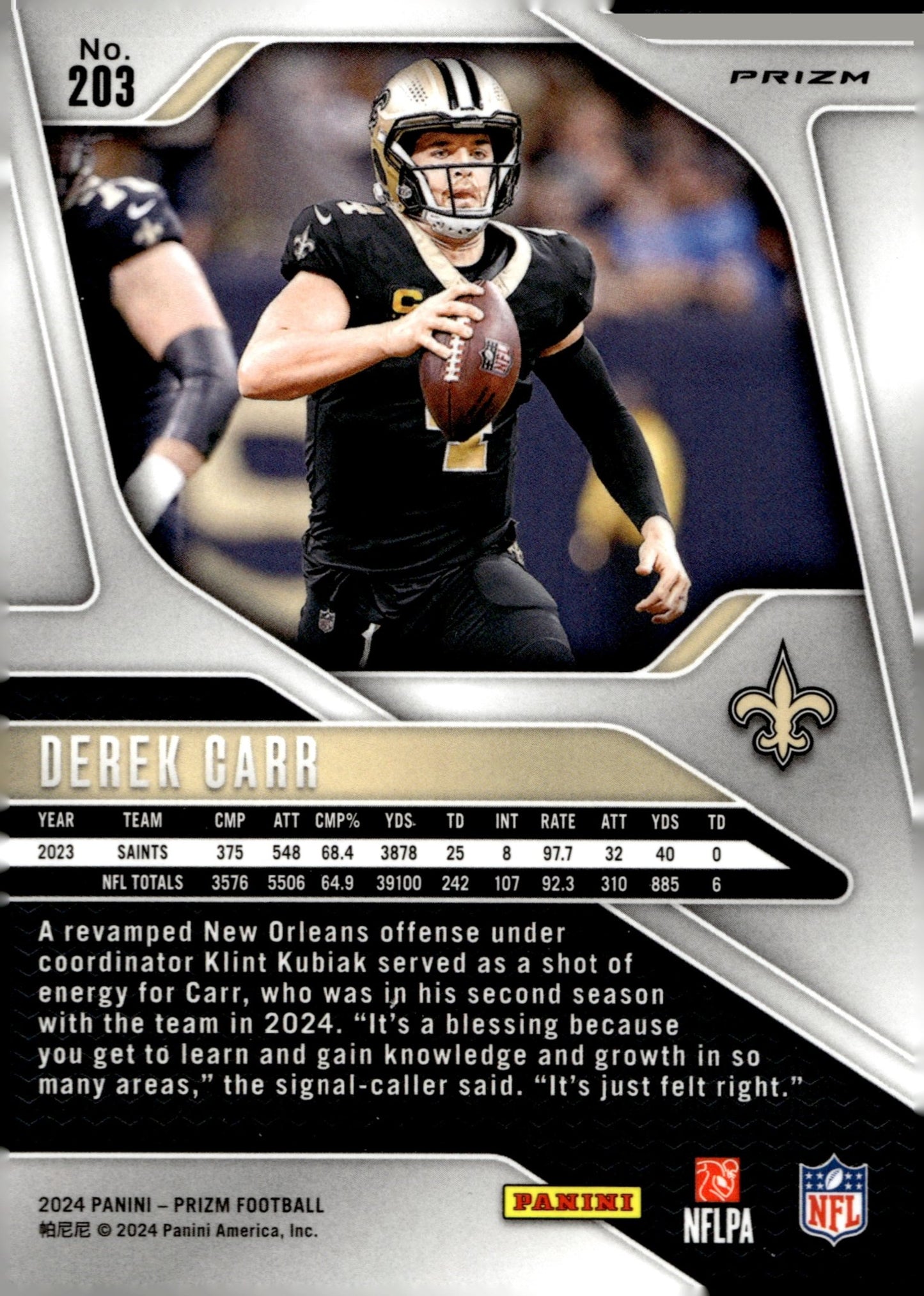 Derek Carr 2024 Panini Prizm Orange No Huddle Prizm #203 - Collector Store LLC