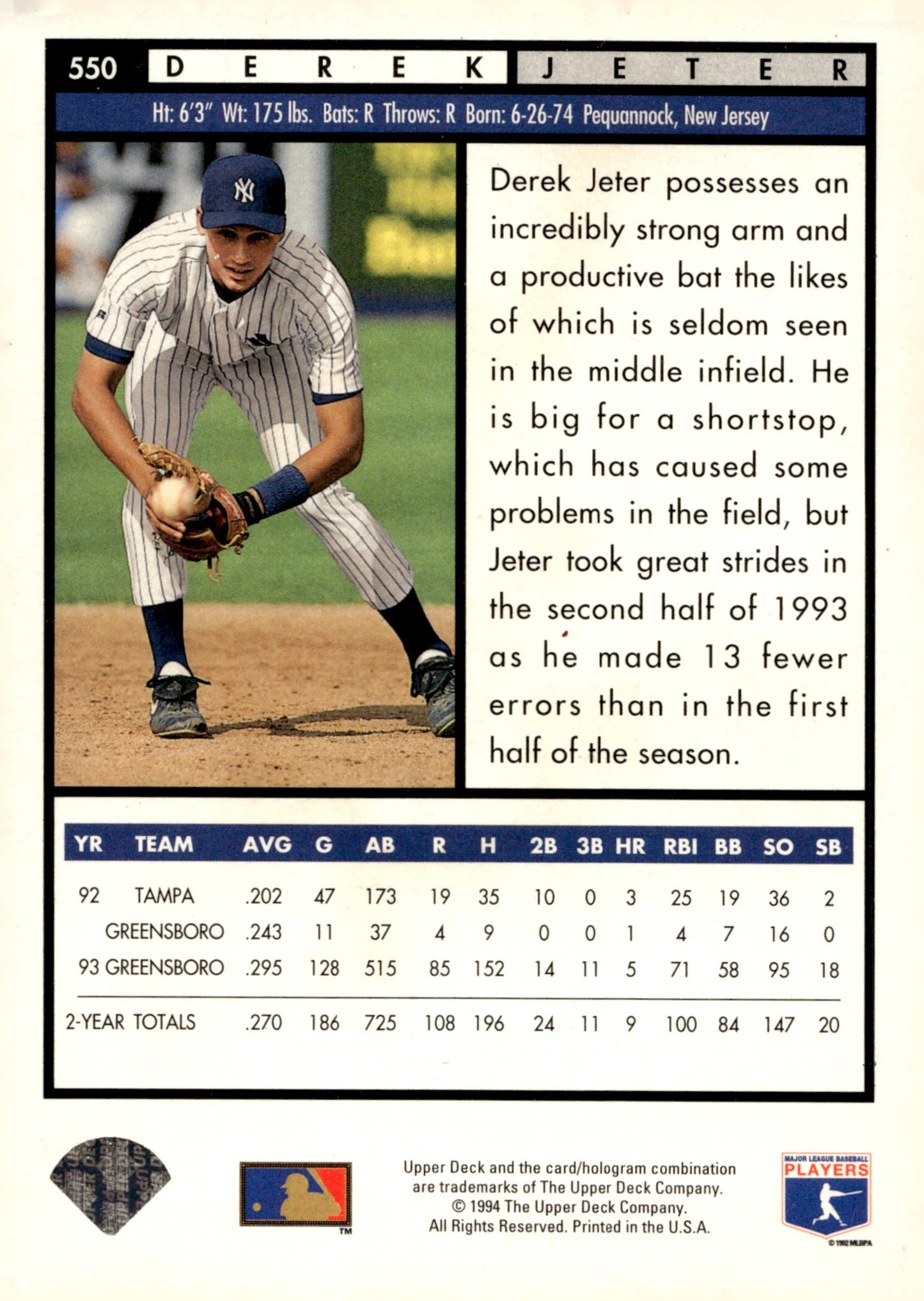 Derek Jeter 1994 Upper Deck Top Prospects #550 #2 - Collector Store LLC