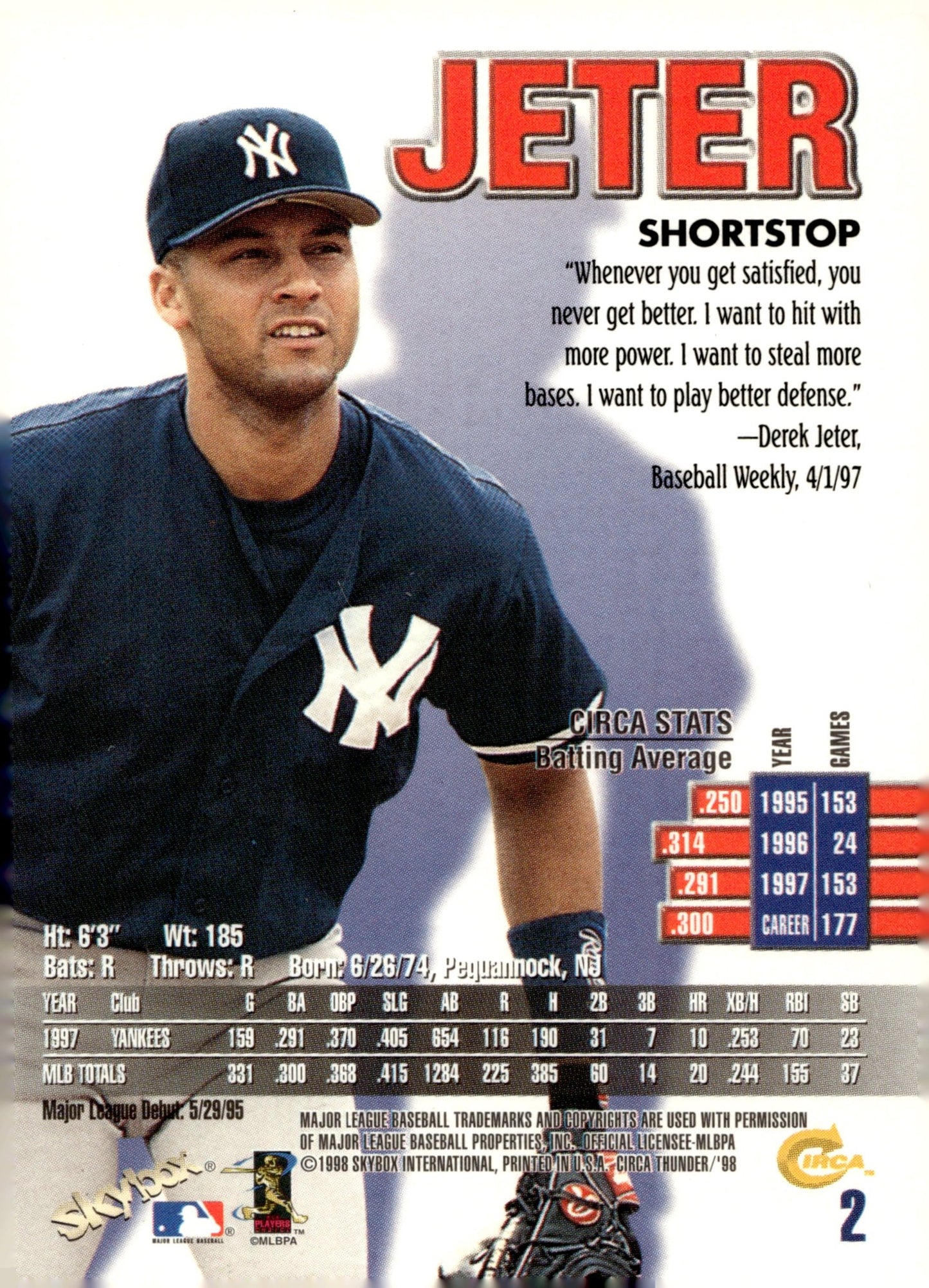 Derek Jeter 1998 Skybox Thunder #2 - Collector Store LLC