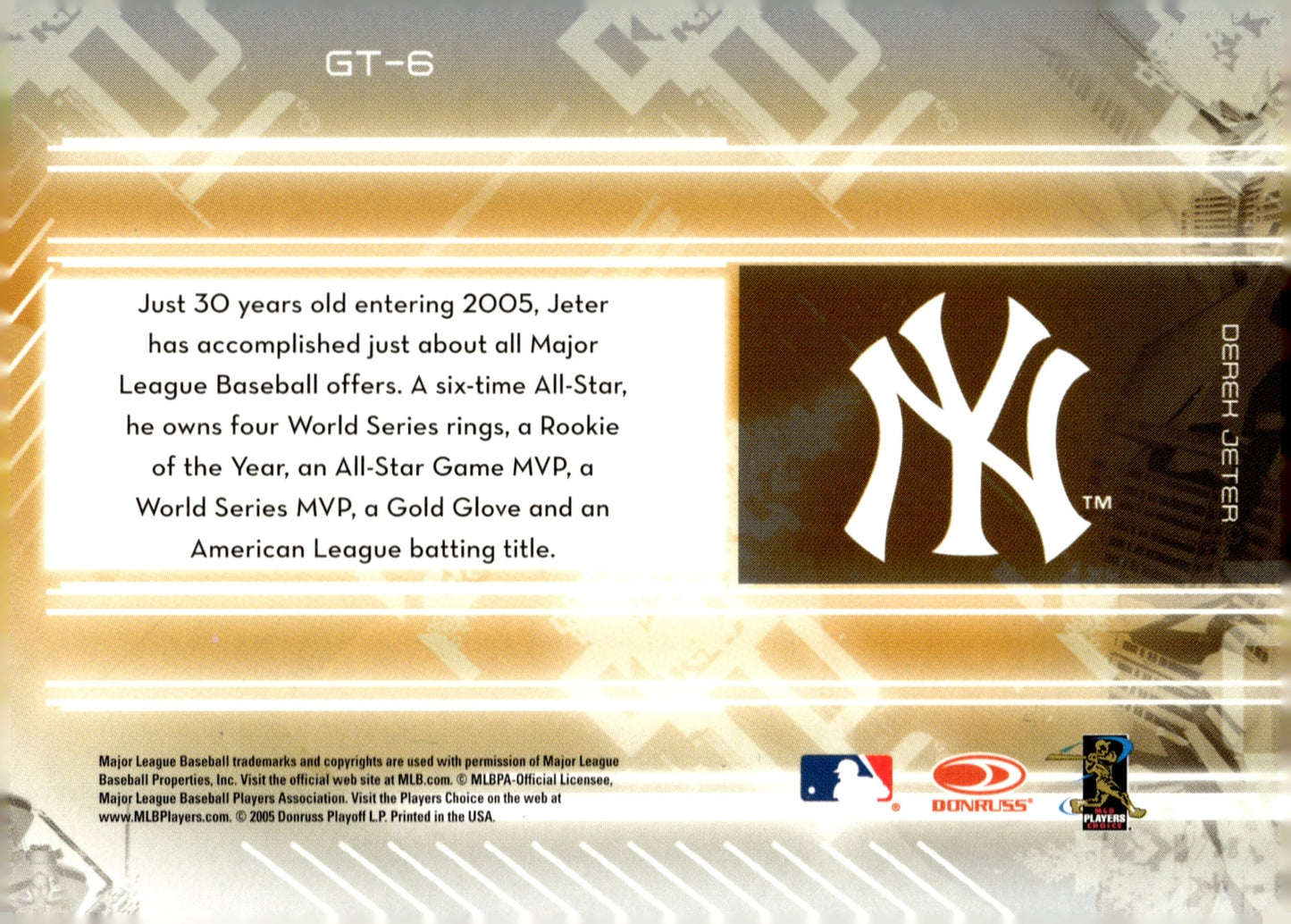 Derek Jeter 2005 Leaf Certified Materials Gold Team #GT - 6 - Collector Store LLC