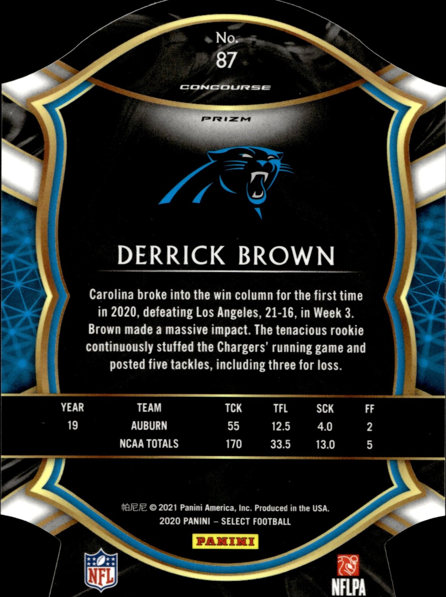 Derrick Brown 2020 Panini Select Die - Cut Maroon Prizm RC #87 - Collector Store LLC