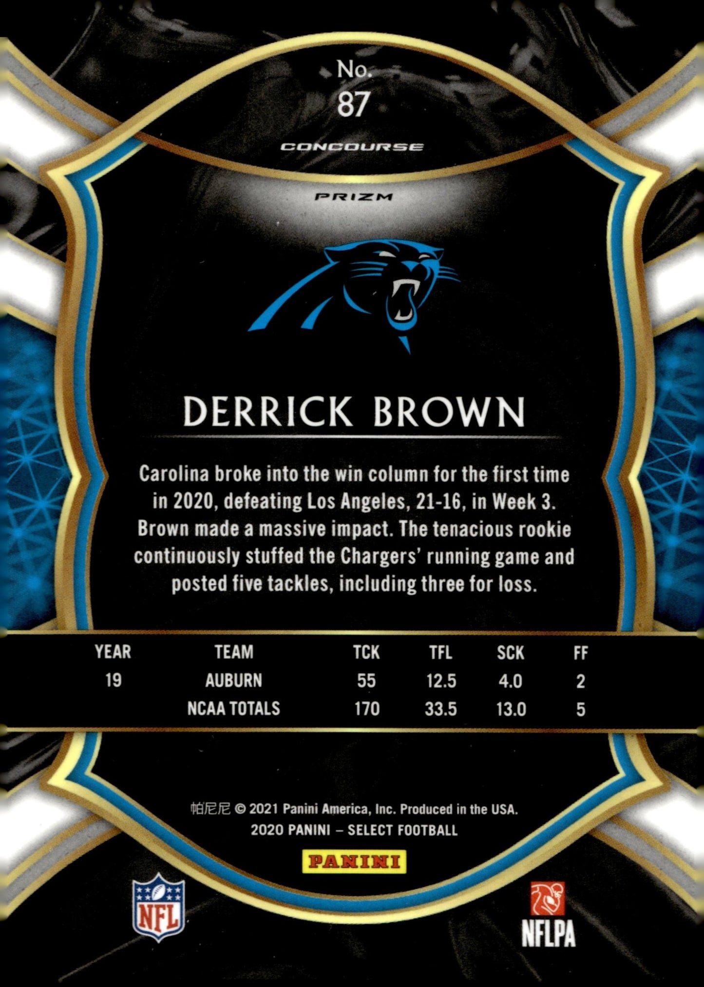 Derrick Brown 2020 Panini Select Prizm RC #87 - Collector Store LLC