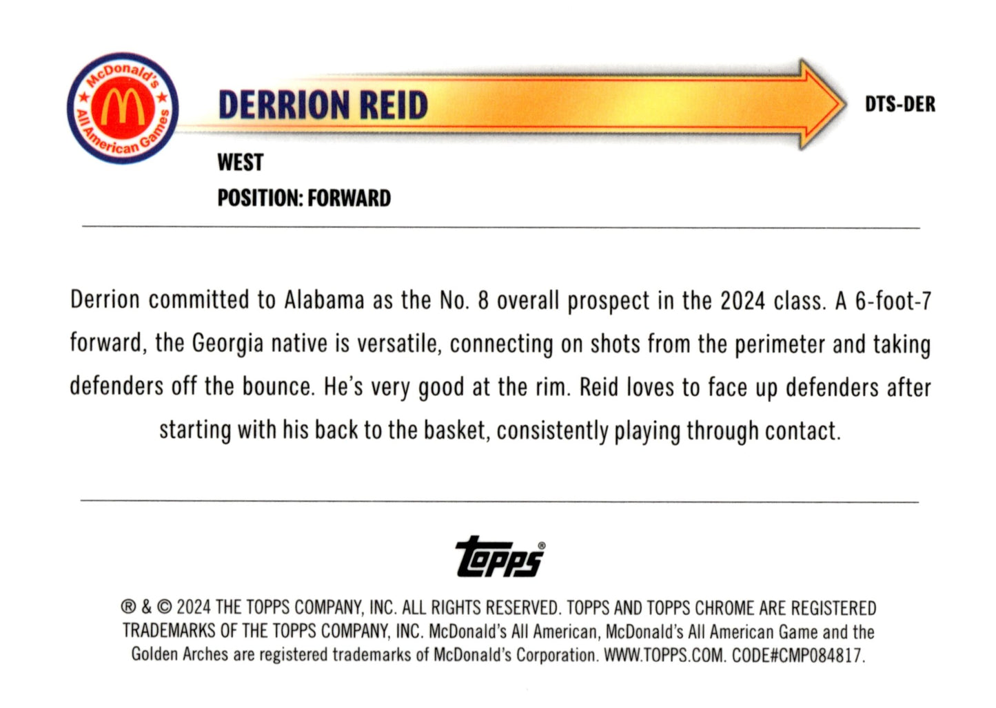 Derrion Reid 2024 Topps Chrome McDonald's All American Drive - Thru Blue Ray Wave - Collector Store LLC