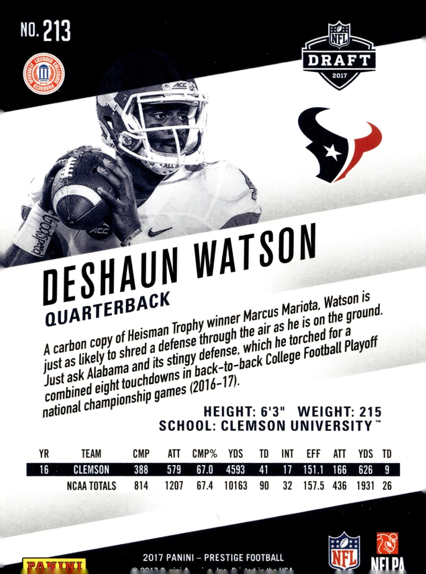 Deshaun Watson 2017 Panini Prestige RC #213 - Collector Store LLC