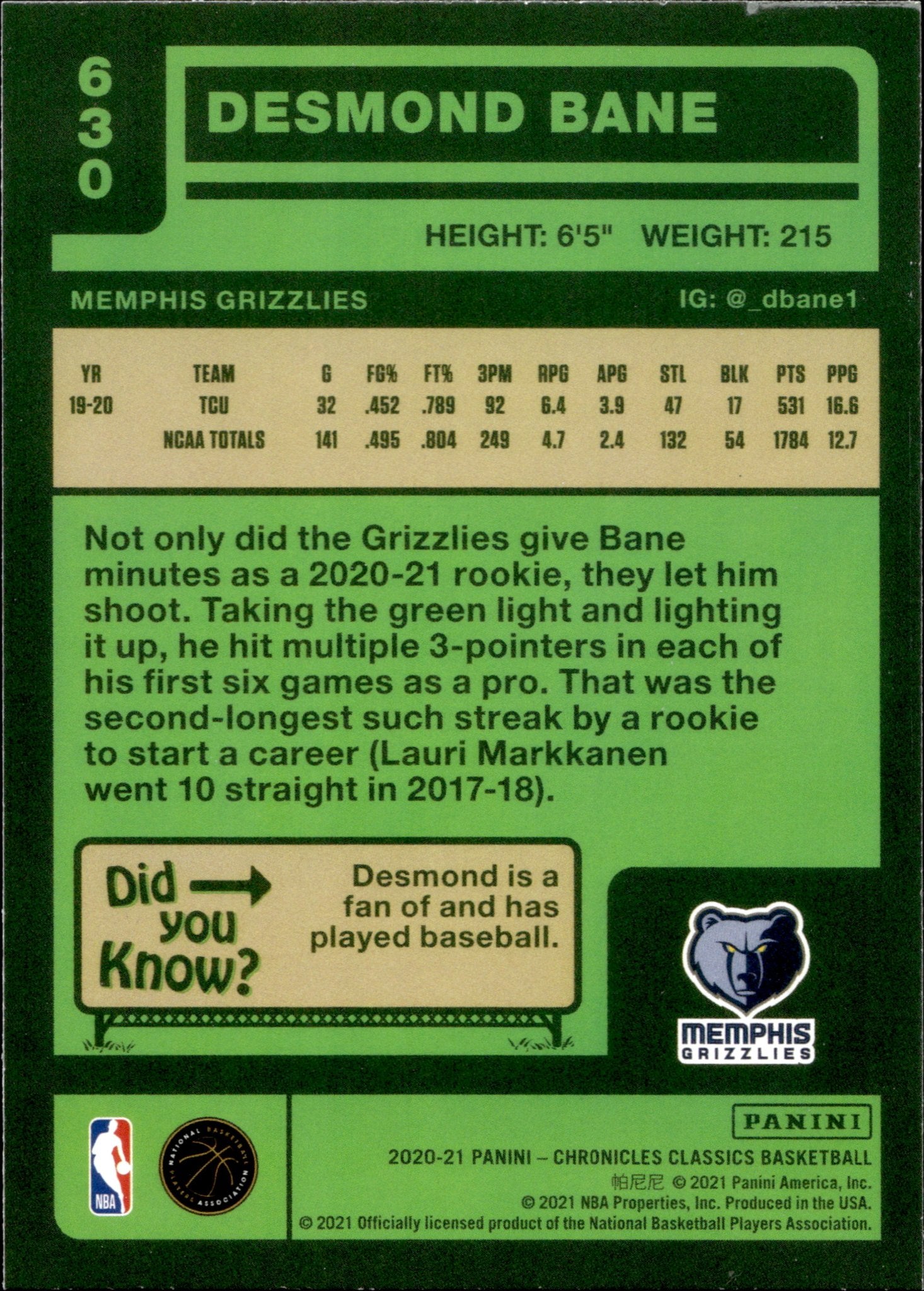 Desmond Bane 2020 - 21 Panini Chronicles Classics RC #630 #1 - Collector Store LLC