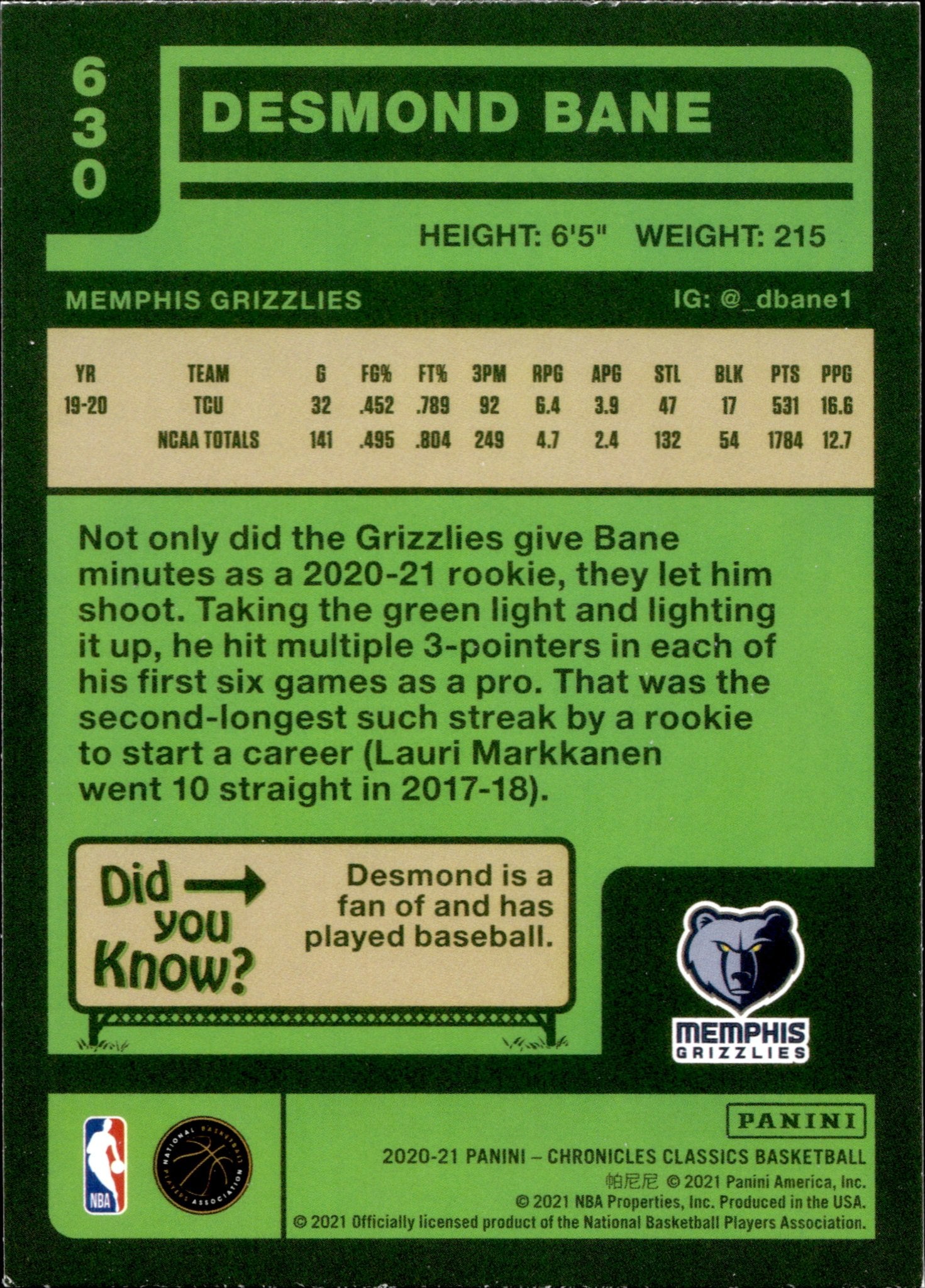 Desmond Bane 2020 - 21 Panini Chronicles Classics RC #630 #2 - Collector Store LLC