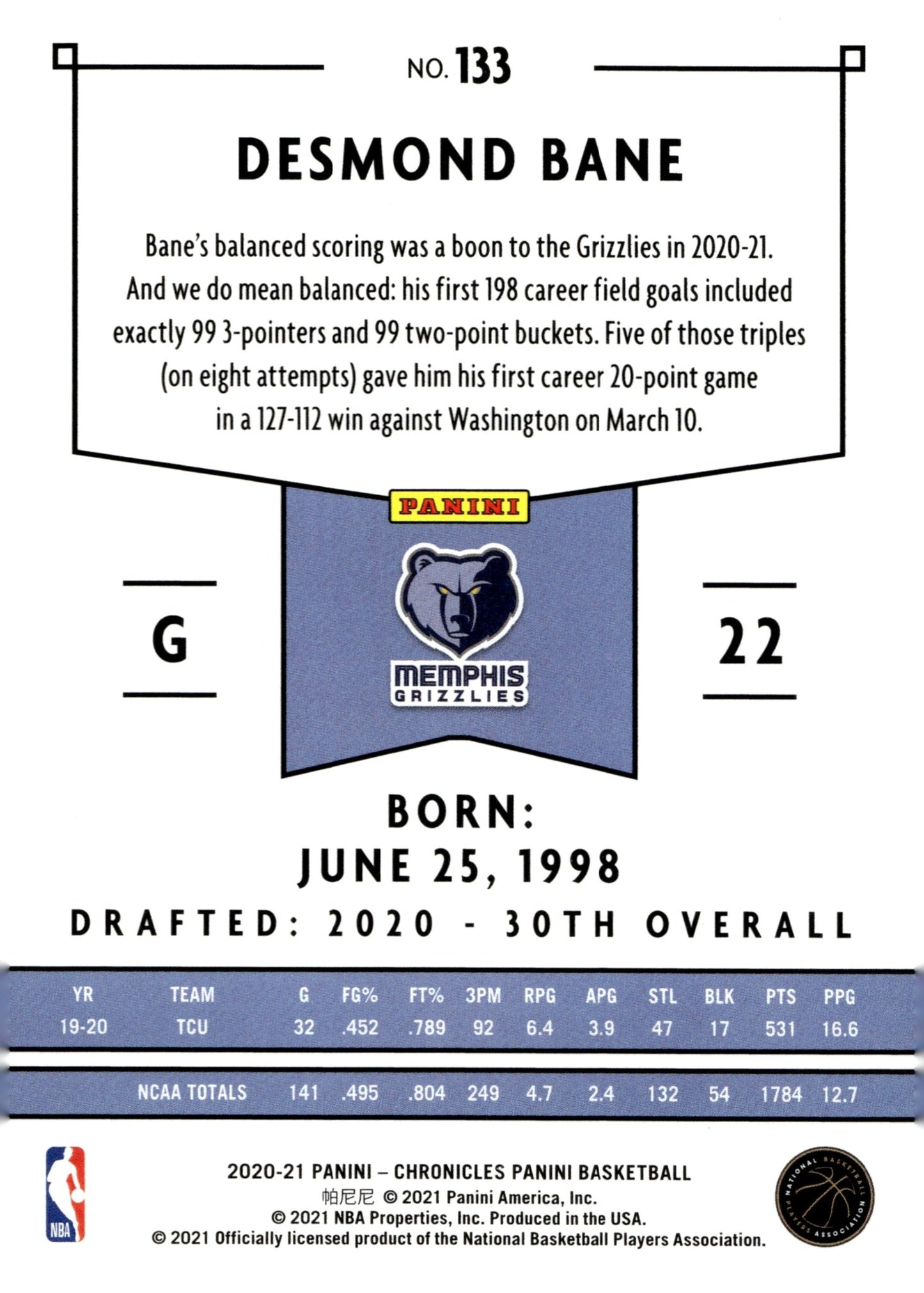 Desmond Bane 2020 - 21 Panini Chronicles Panini RC #133 - Collector Store LLC