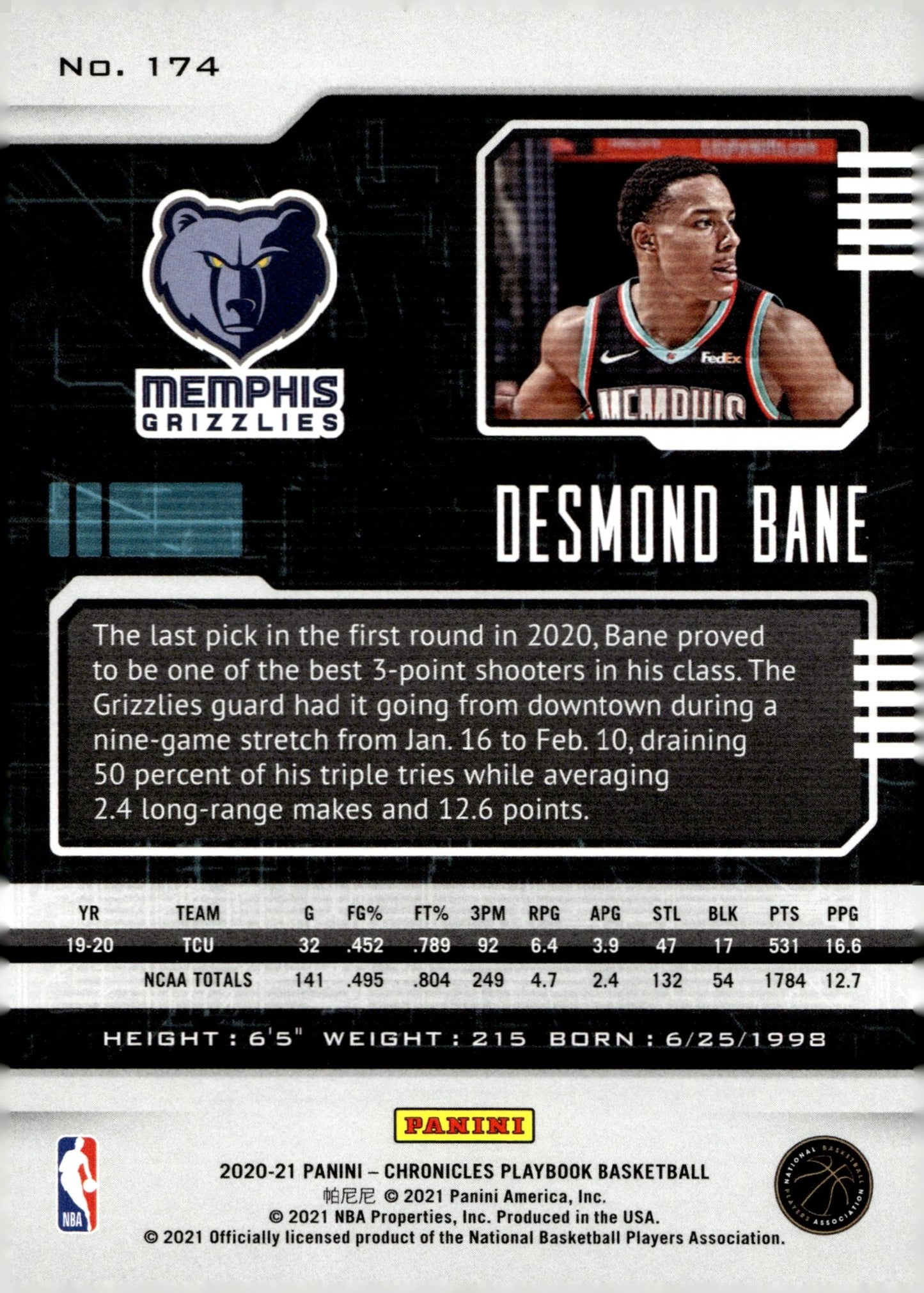 Desmond Bane 2020 - 21 Panini Chronicles Playbook RC #174 - Collector Store LLC