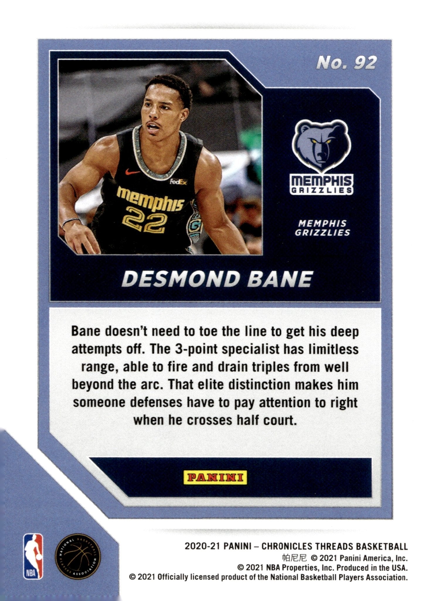 Desmond Bane 2020 - 21 Panini Chronicles Threads RC #92 #2 - Collector Store LLC