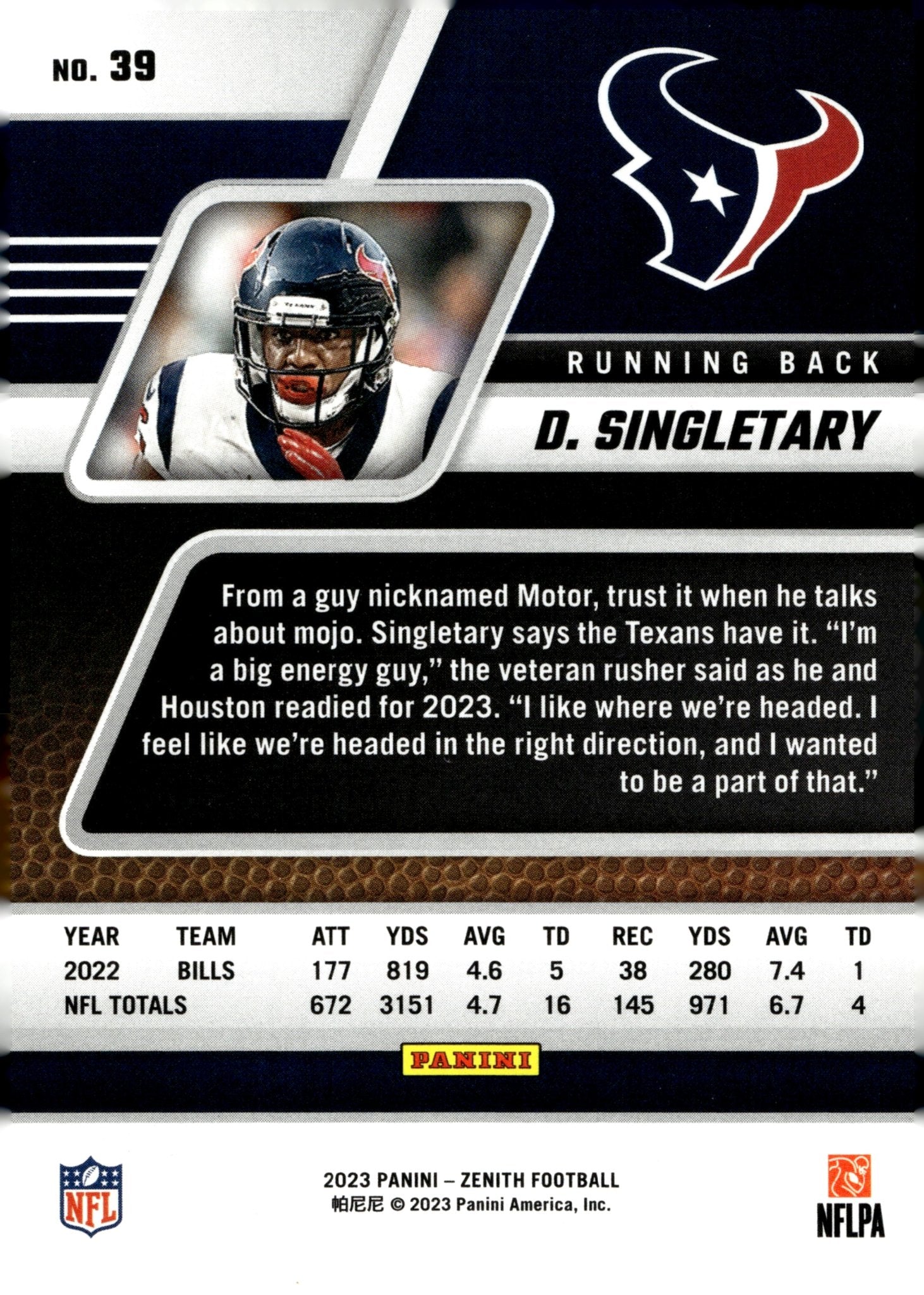 Devin Singletary 2023 Panini Zenith No Huddle #39 - Collector Store LLC