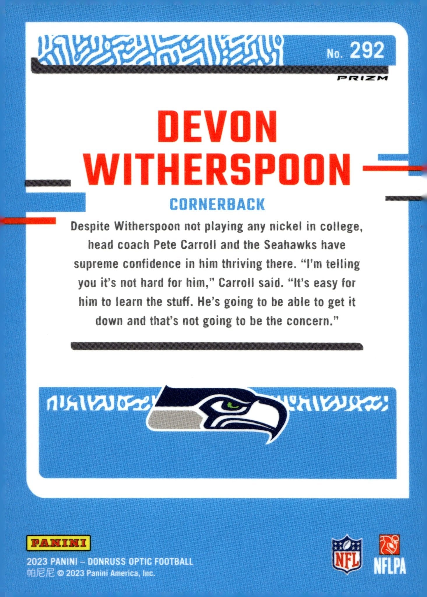 Devon Witherspoon 2023 Panini Donruss Optic Rated Rookie Blue Prism Prizm RC - Collector Store LLC