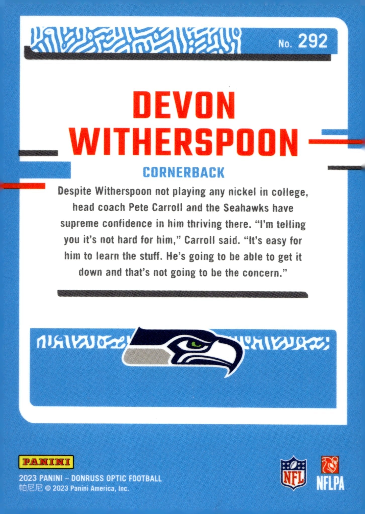 Devon Witherspoon 2023 Panini Donruss Optic Rated Rookie RC #292 - Collector Store LLC