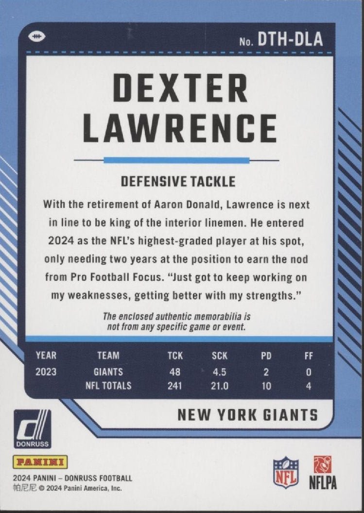 Dexter Lawrence 2024 Panini Donruss Threads Swatch #DTH - DLA - Collector Store LLC