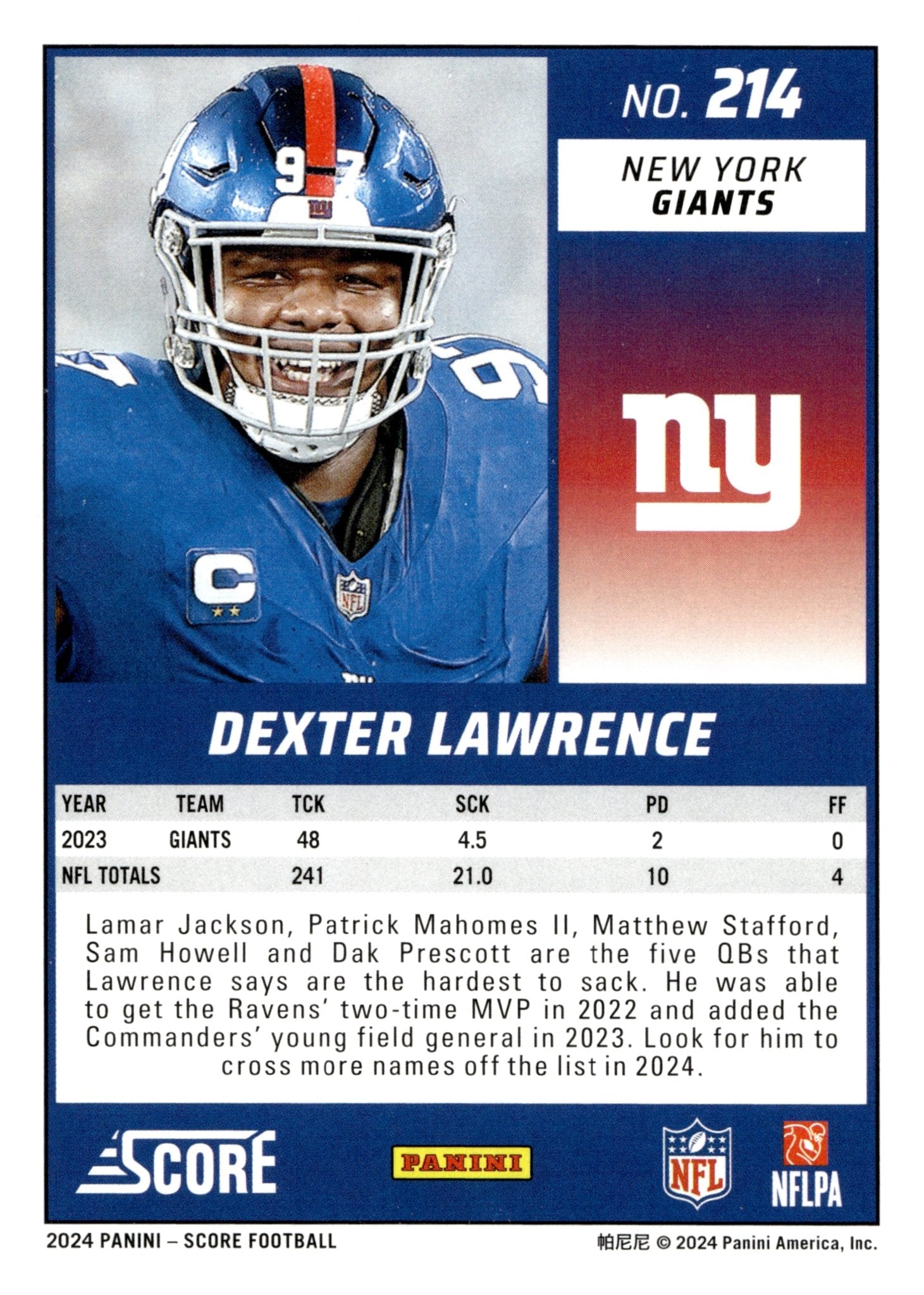 Dexter Lawrence 2024 Panini Score Artist's Proof Blue Holo 24/35 #214 - Collector Store LLC