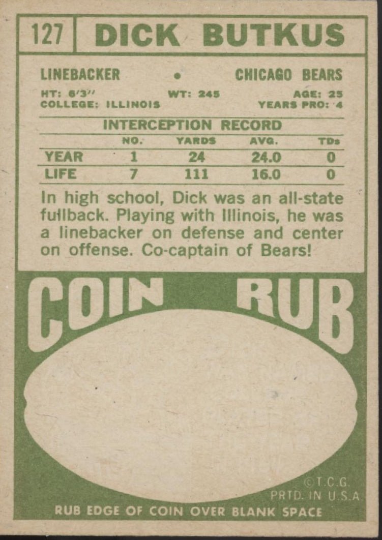 Dick Butkus 1968 Topps 127 Chicago Bears VG - EX - Collector Store LLC