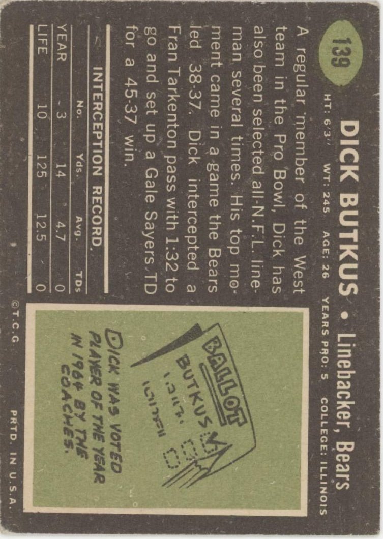 Dick Butkus 1969 Topps #139 Chicago Bears VG - Collector Store LLC