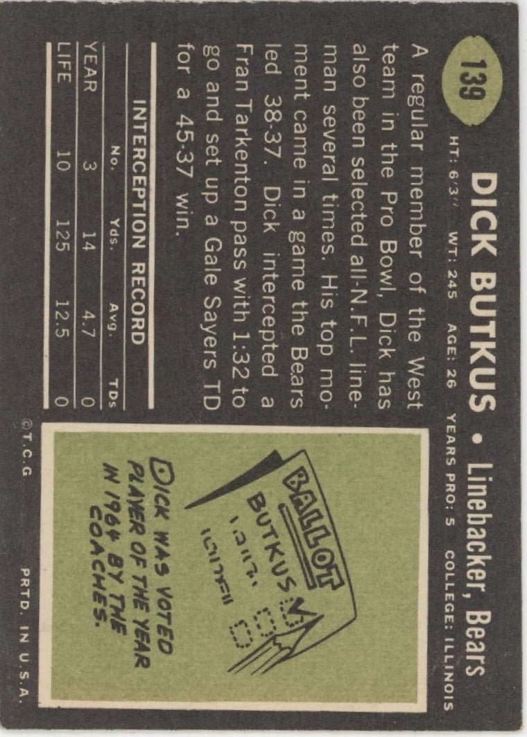 Dick Butkus 1969 Topps 139 Chicago Bears VG - EX - Collector Store LLC