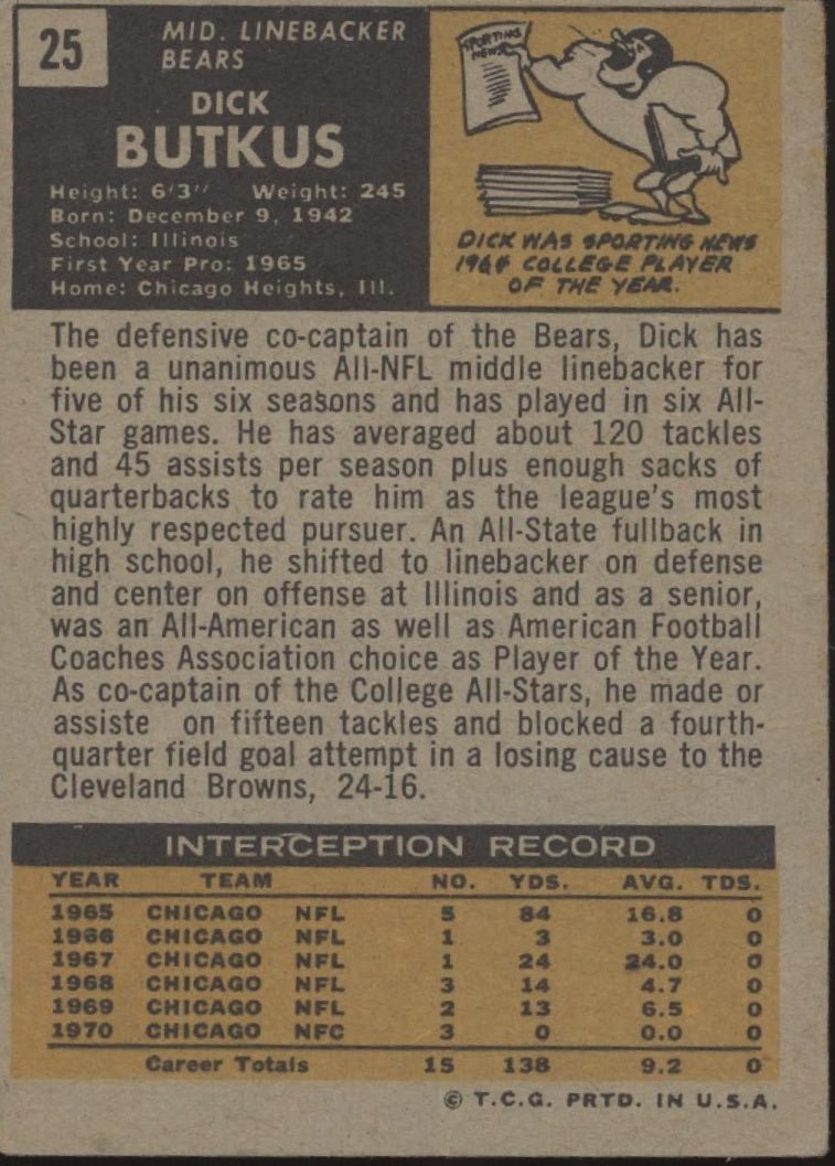 Dick Butkus 1971 Topps #25 Chicago Bears VG - Collector Store LLC