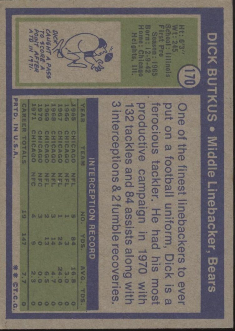 Dick Butkus 1972 Topps 170 Chicago Bears EX 2 - Collector Store LLC