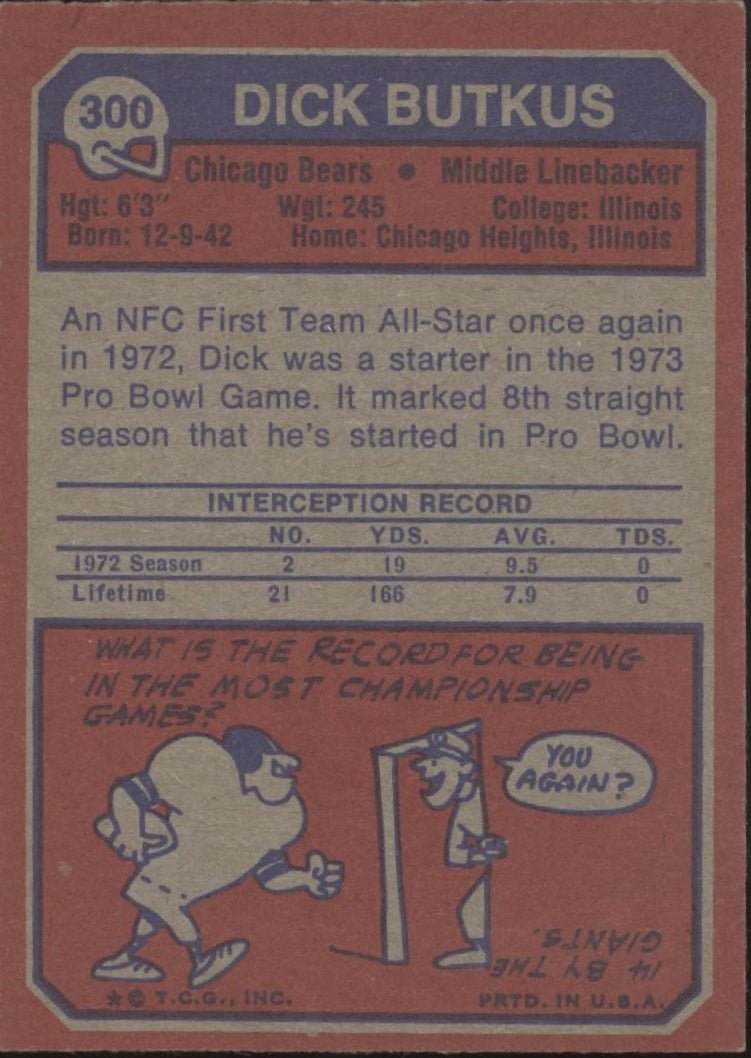 Dick Butkus 1973 Topps #300 Chicago Bears VG #3 - Collector Store LLC