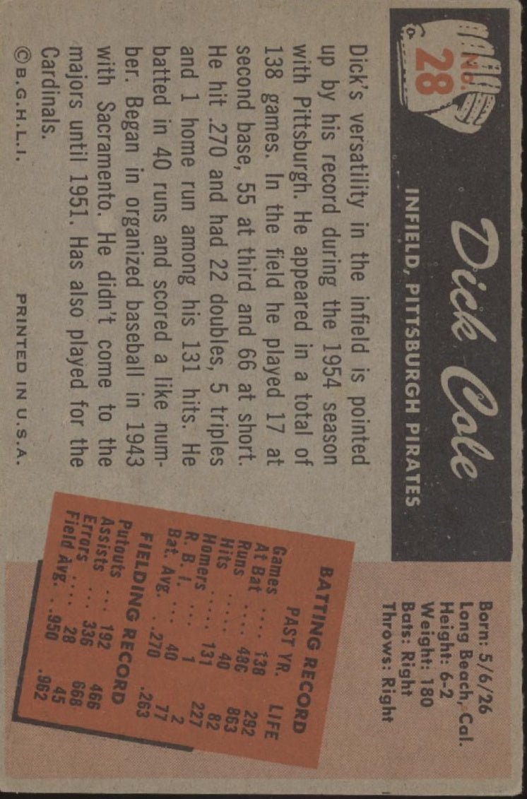Dick Cole 1955 Bowman #28 Pittsburgh Pirates VG - Collector Store LLC