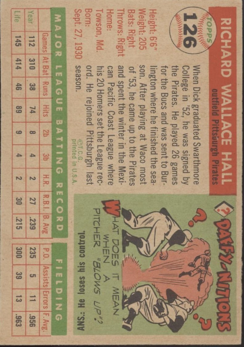 Dick Hall 1955 Topps RC #126 Pittsburgh Pirates EX - Collector Store LLC