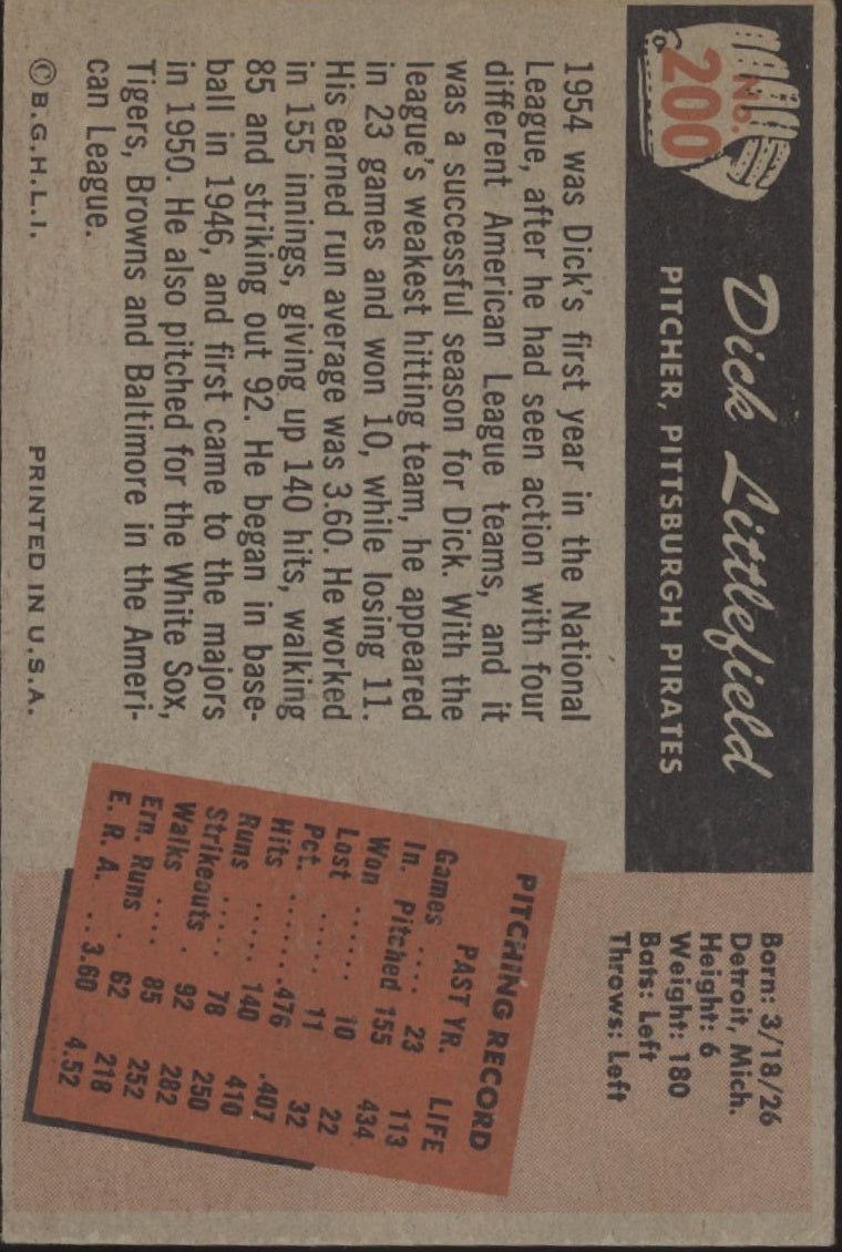 Dick Littlefield 1955 Bowman #200 Pittsburgh Pirates VG - Collector Store LLC