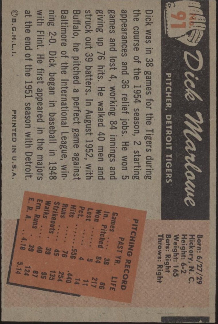 Dick Marlowe 1955 Bowman #91 Detroit Tigers EX - Collector Store LLC