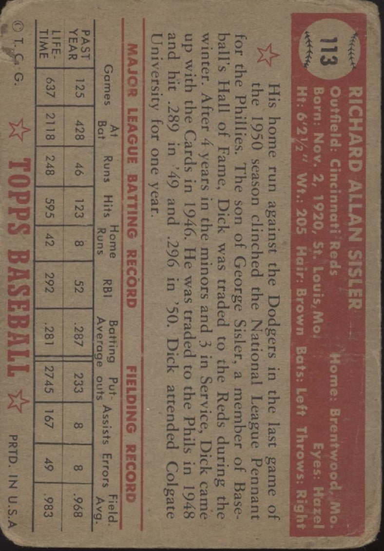 Dick Sisler 1952 Topps #113 Cincinnati Reds GD - Collector Store LLC