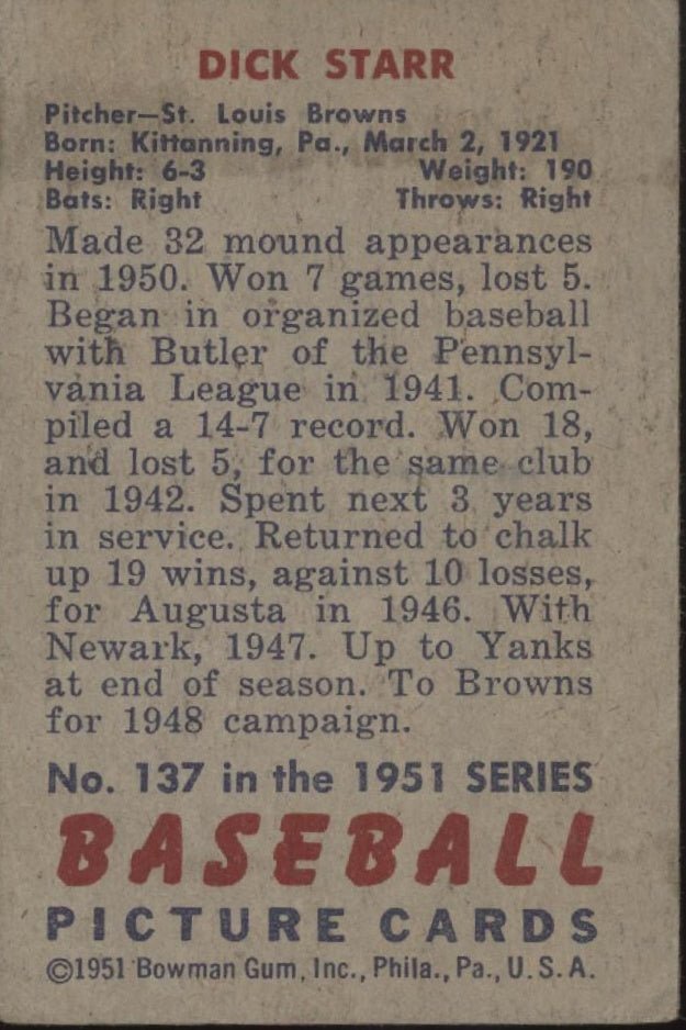 Dick Starr 1951 Bowman #137 St. Louis Browns GD - Collector Store LLC