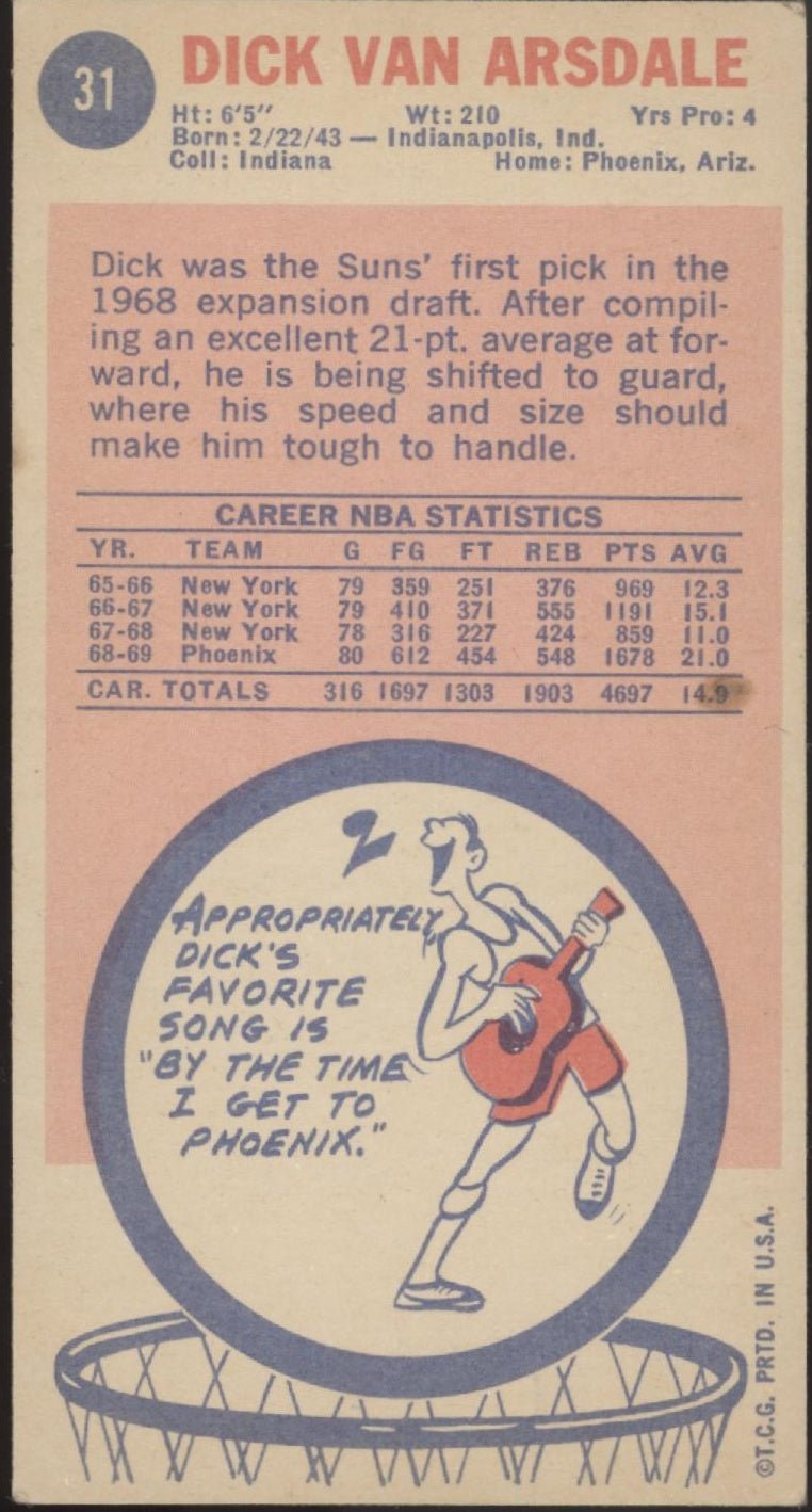 Dick Van Arsdale 1969 - 70 Topps Oversized RC #31 Phoenix Suns VG - Collector Store LLC