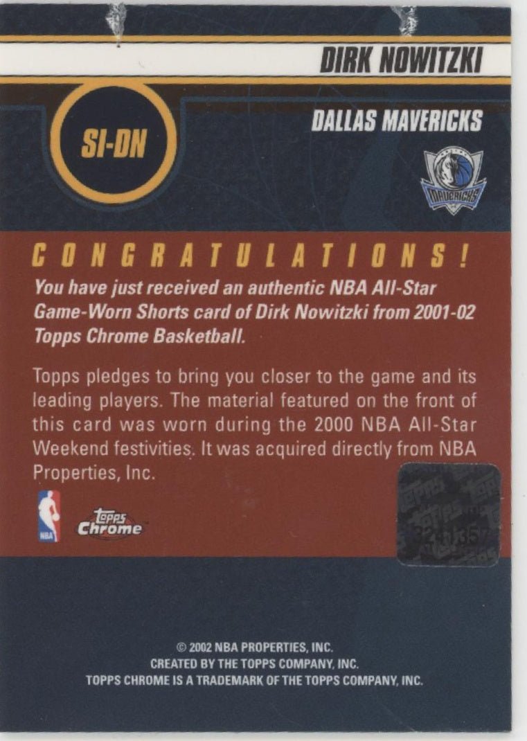 Dirk Nowitzki 2002 Topps Chrome Shorts Illustrated Swatch SI - DN - Collector Store LLC