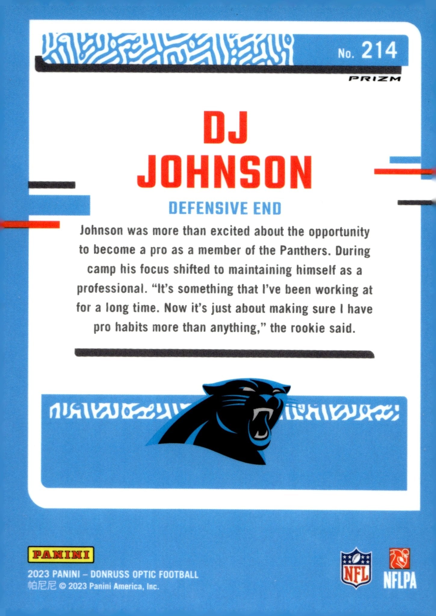 DJ Johnson 2023 Panini Donruss Optic Rated Rookie Stars Prizm RC #214 - Collector Store LLC