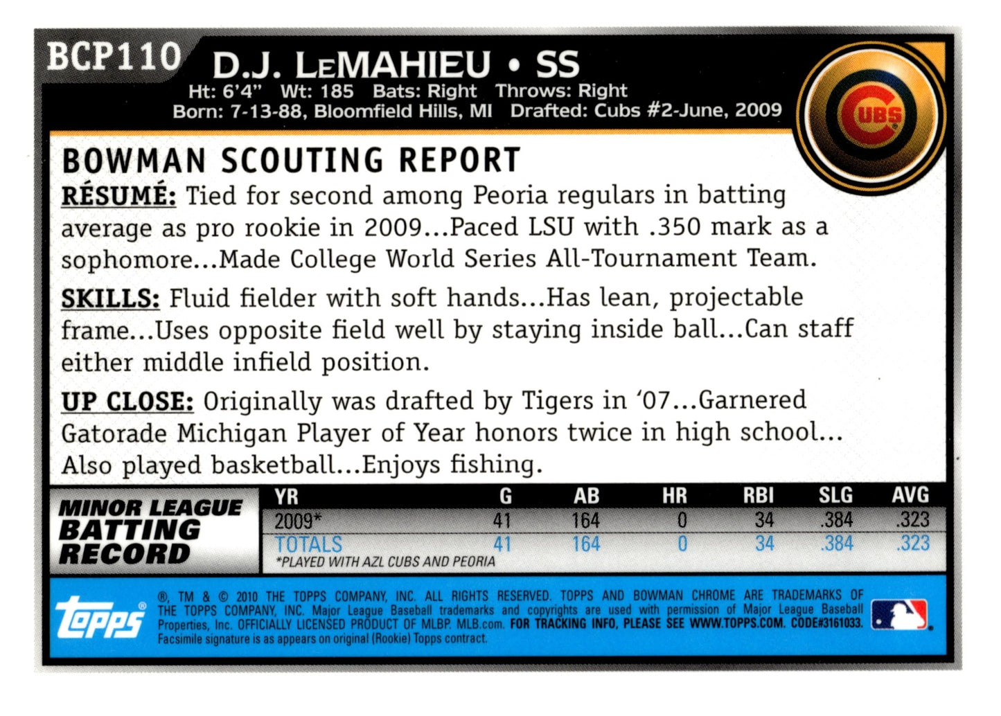 DJ LeMahieu 2010 Bowman Chrome #BCP110 - Collector Store LLC