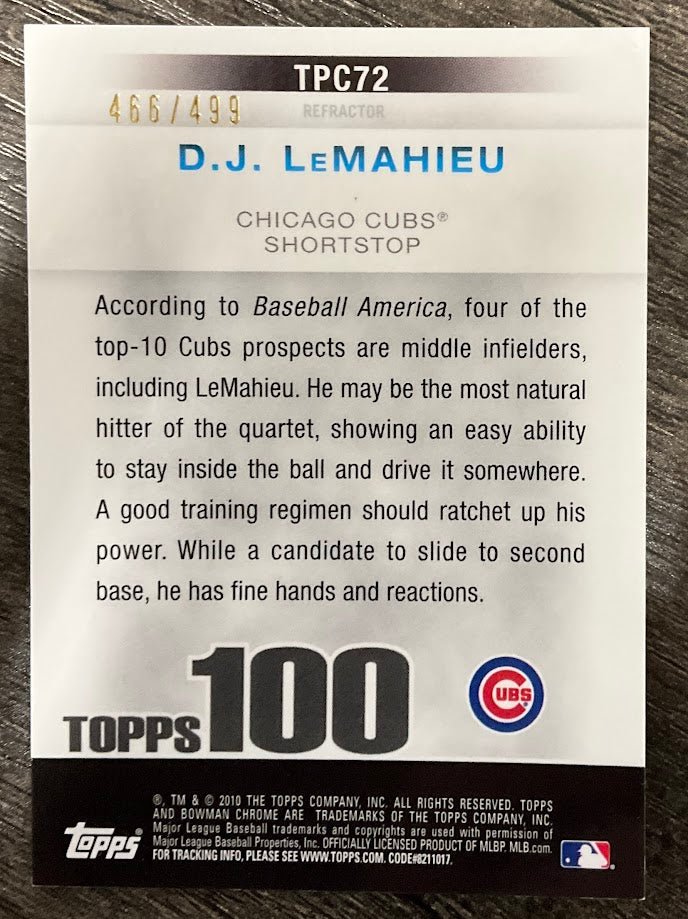 DJ LeMahieu 2010 Bowman Chrome Topps 100 Refractor 466/499 #TPC72 - Collector Store LLC