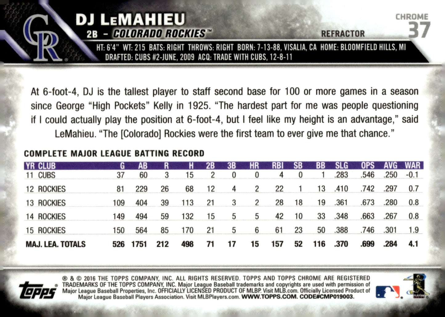 DJ LeMahieu 2016 Topps Chrome Refractor 37 - Collector Store LLC