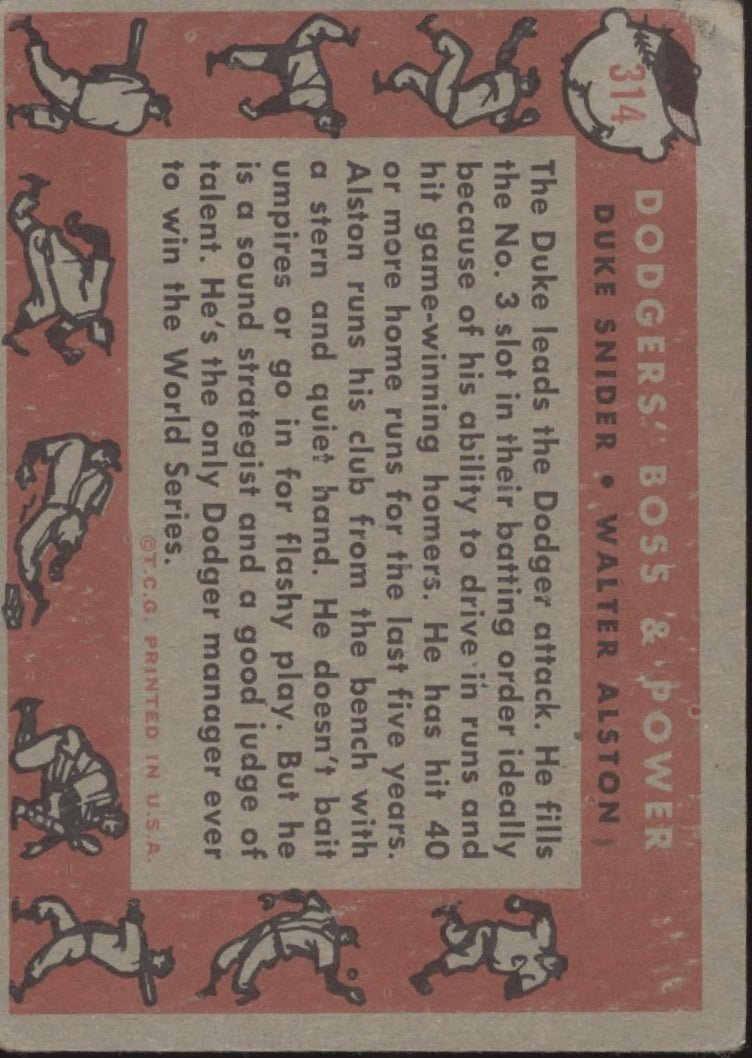 Dodgers' Boss & Power 1958 Topps Duke Snider / Walter Alston #314 GD - Collector Store LLC